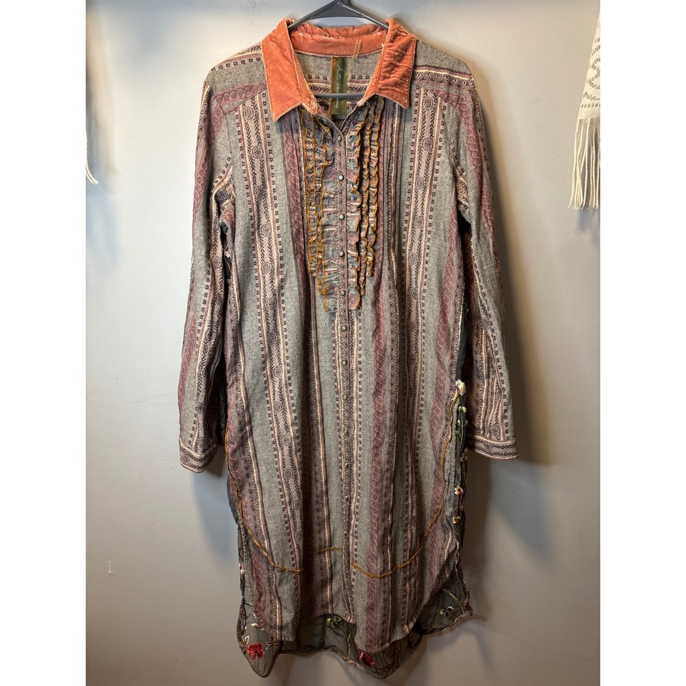 Anthropologie Aratta Silent Journey Embroidered Floral Back Shirt Dress Velvet L